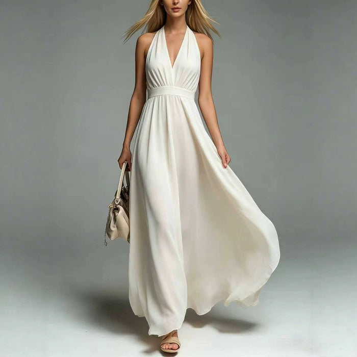 Womens New Solid-color V-neck Sleeveless Waist-cinching Dress – Premium 0 | RICALOUX