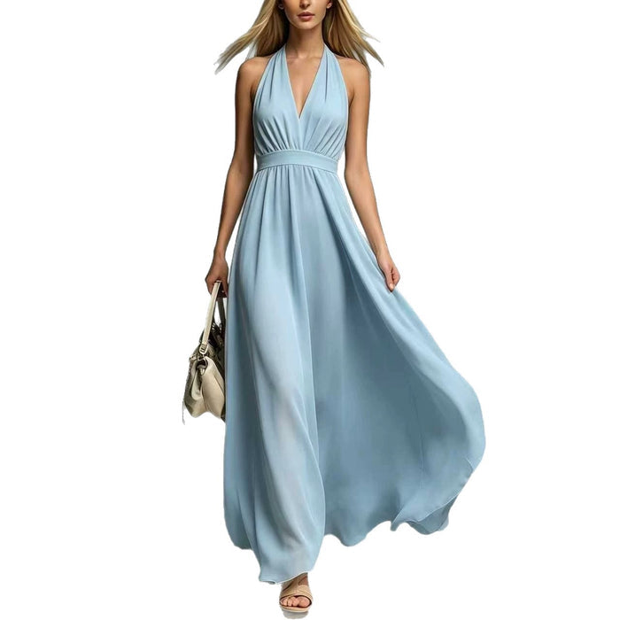 Womens New Solid-color V-neck Sleeveless Waist-cinching Dress – Premium 0 | RICALOUX