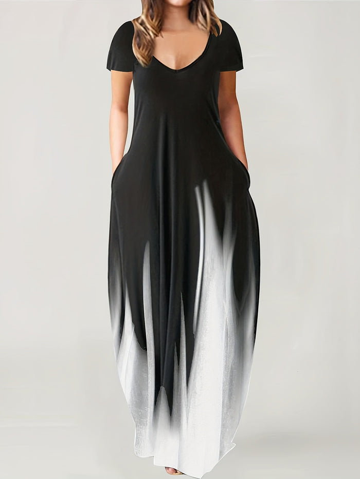 Women's Ombre Gradient Short Sleeve Maxi Dress With Pockets Casual V-Neck Loose Fit Long Dress For Summer – Premium 4 | RICALOUX
