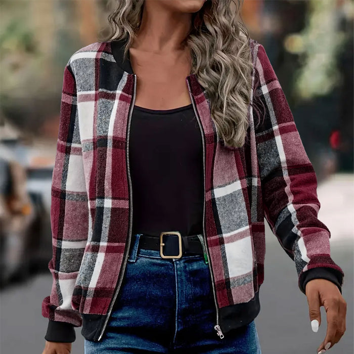 Womens Plaid Printed Long-Sleeve Zip-Up Jacket – Premium 0 | RICALOUX