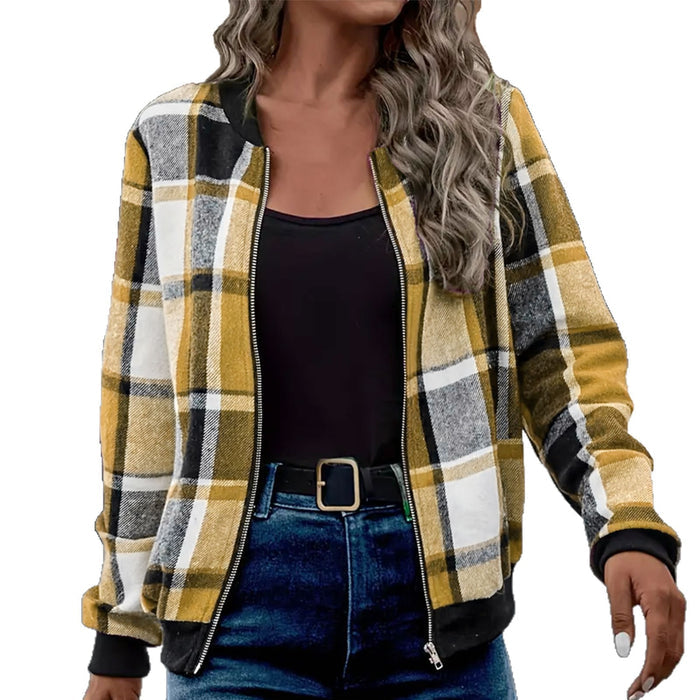 Womens Plaid Printed Long-Sleeve Zip-Up Jacket – Premium 0 | RICALOUX