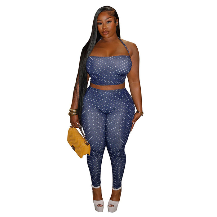 Womens Polka-dot Print Halter-neck Sexy Tube Top And Tight-fitting Trousers Two-piece Set by Ricaloux