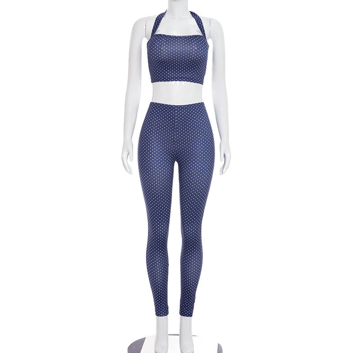 Womens Polka-dot Print Halter-neck Sexy Tube Top And Tight-fitting Trousers Two-piece Set by Ricaloux