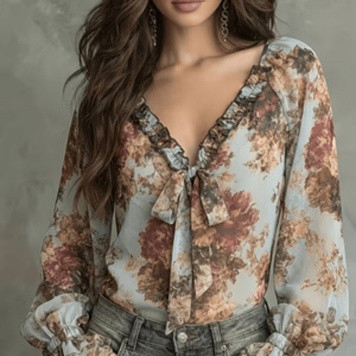 Womens Retro Oil-Painting Floral V-Neck Top – Premium 0 | RICALOUX