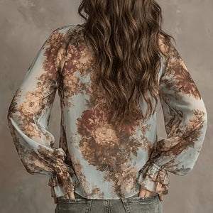 Womens Retro Oil-Painting Floral V-Neck Top – Premium 0 | RICALOUX