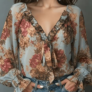 Womens Retro Oil-Painting Floral V-Neck Top – Premium 0 | RICALOUX