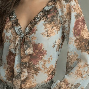 Womens Retro Oil-Painting Floral V-Neck Top – Premium 0 | RICALOUX