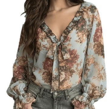 Womens Retro Oil-Painting Floral V-Neck Top – Premium 0 | RICALOUX