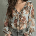 Womens Retro Oil-Painting Floral V-Neck Top – Premium 0 | RICALOUX