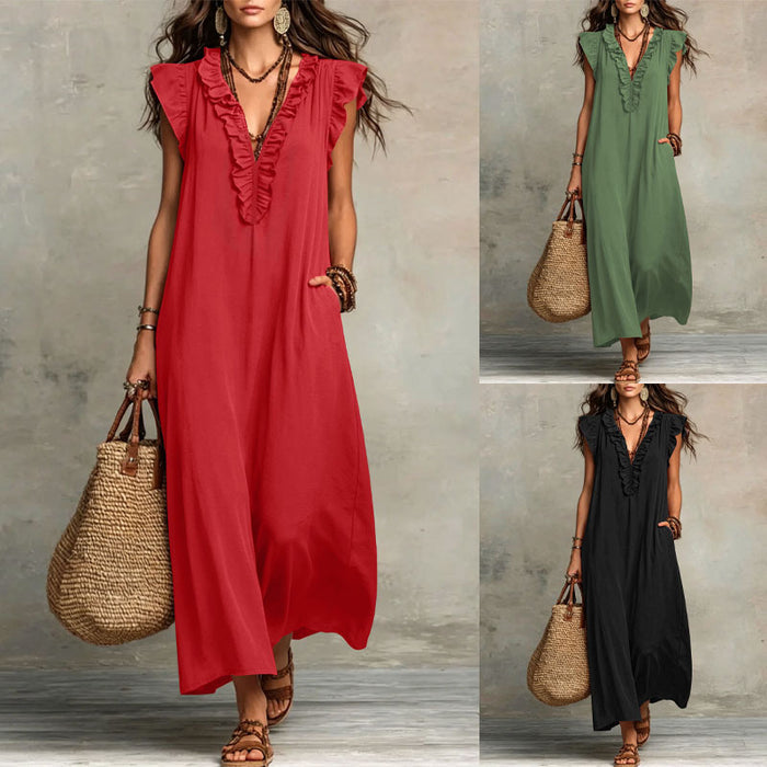 Women's Ruffled V-Neck Cap Sleeve Loose Maxi Dress With Pockets - Casual Boho Beach Long Dress For Summer – Premium 4 | RICALOUX