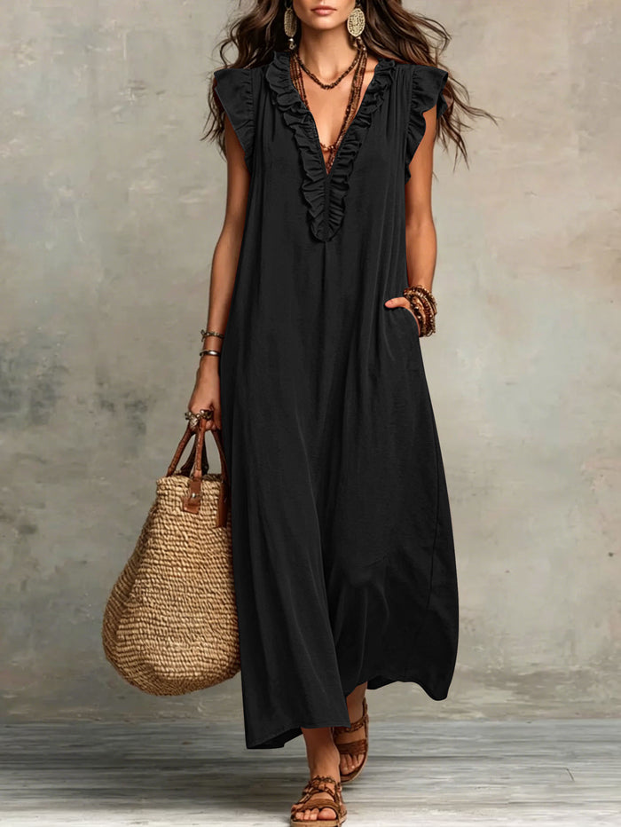Women's Ruffled V-Neck Cap Sleeve Loose Maxi Dress With Pockets - Casual Boho Beach Long Dress For Summer – Premium 4 | RICALOUX