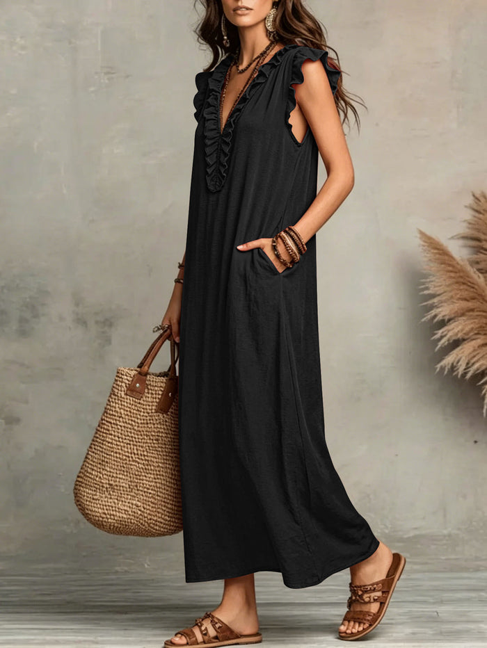 Women's Ruffled V-Neck Cap Sleeve Loose Maxi Dress With Pockets - Casual Boho Beach Long Dress For Summer – Premium 4 | RICALOUX