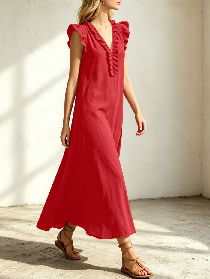 Women's Ruffled V-Neck Cap Sleeve Loose Maxi Dress With Pockets - Casual Boho Beach Long Dress For Summer – Premium 4 | RICALOUX