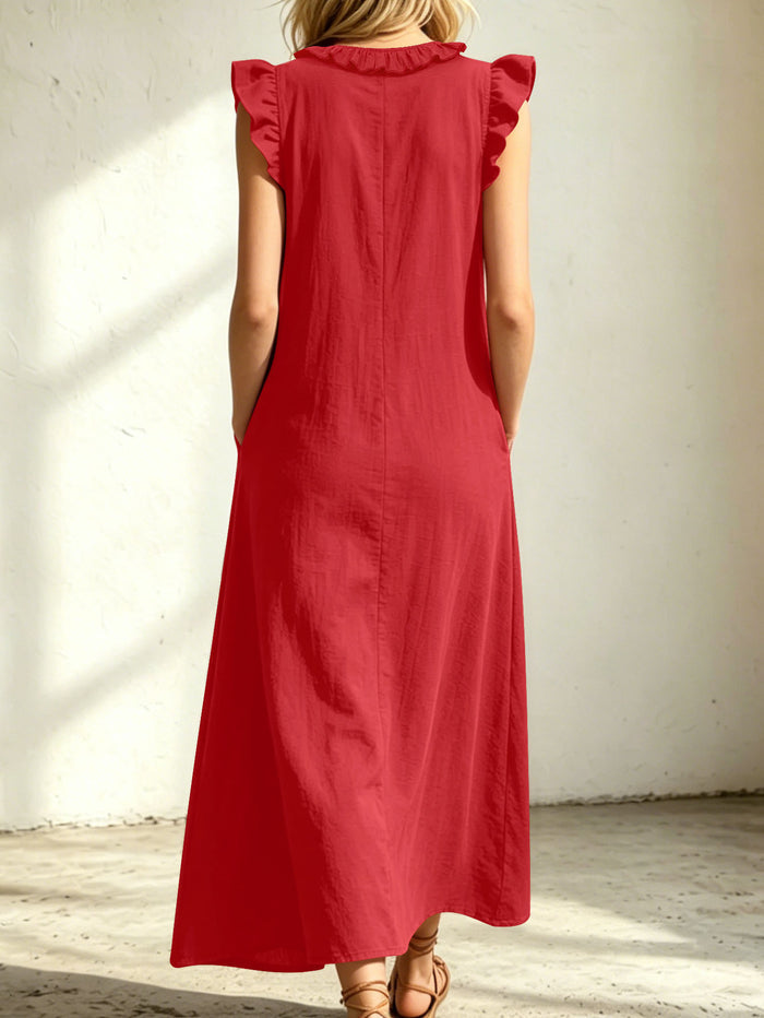 Women's Ruffled V-Neck Cap Sleeve Loose Maxi Dress With Pockets - Casual Boho Beach Long Dress For Summer – Premium 4 | RICALOUX