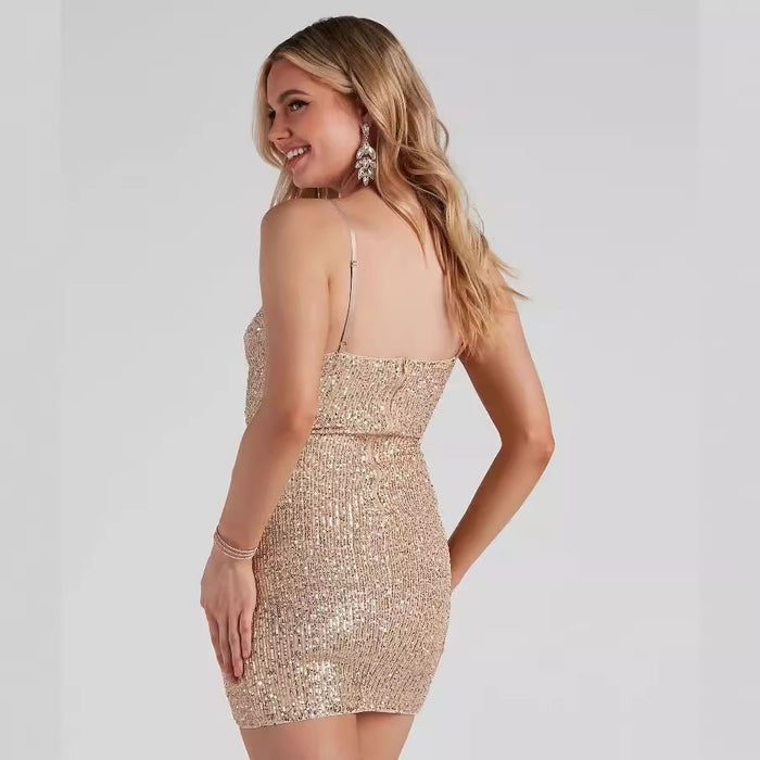 Womens Sexy V-Neck Sequined Bodycon Strap Dress – Premium 0 | RICALOUX