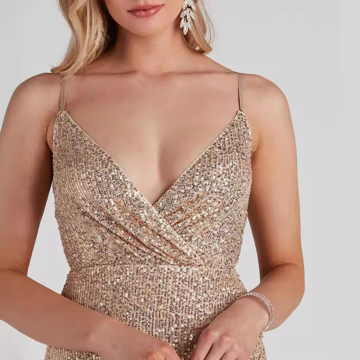 Womens Sexy V-Neck Sequined Bodycon Strap Dress by Ricaloux
