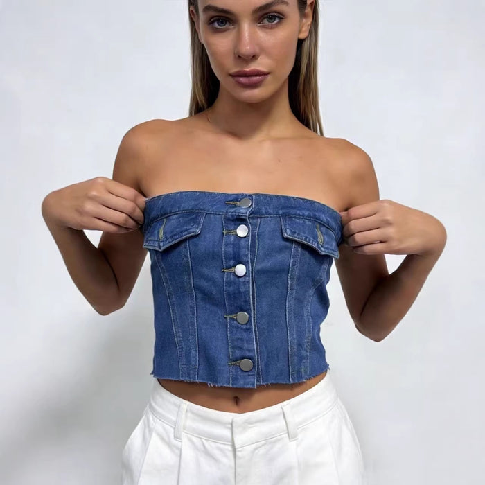 Womens Short Blue Slim-fit Denim Tube Top – Premium 0 | RICALOUX