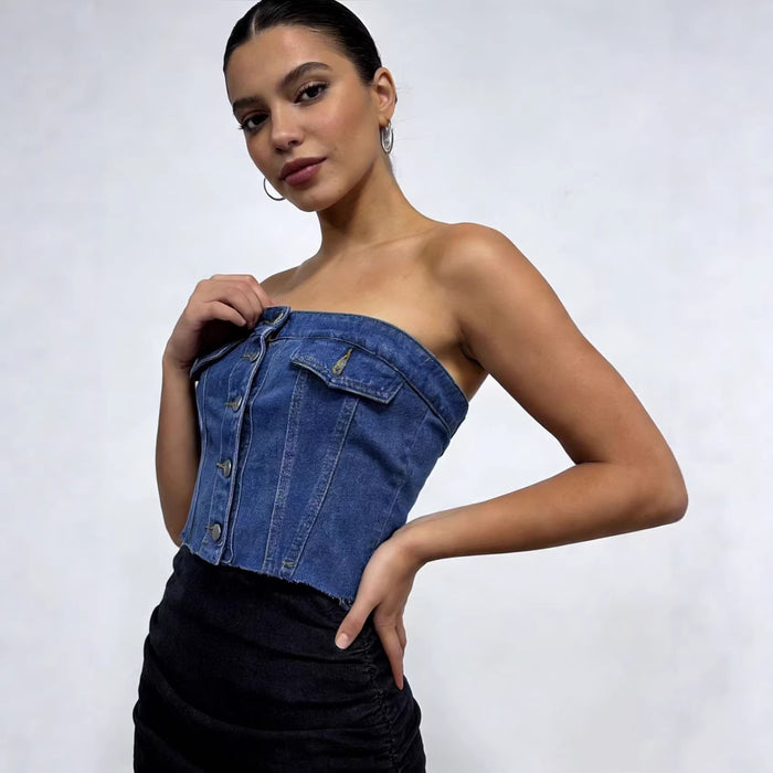 Womens Short Blue Slim-fit Denim Tube Top – Premium 0 | RICALOUX