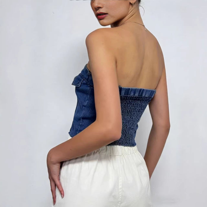 Womens Short Blue Slim-fit Denim Tube Top – Premium 0 | RICALOUX