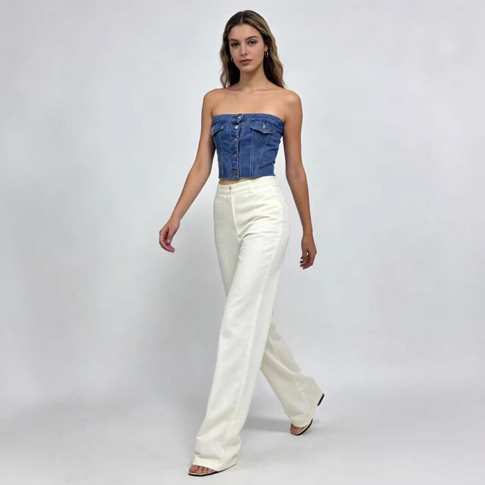 Womens Short Blue Slim-fit Denim Tube Top – Premium 0 | RICALOUX