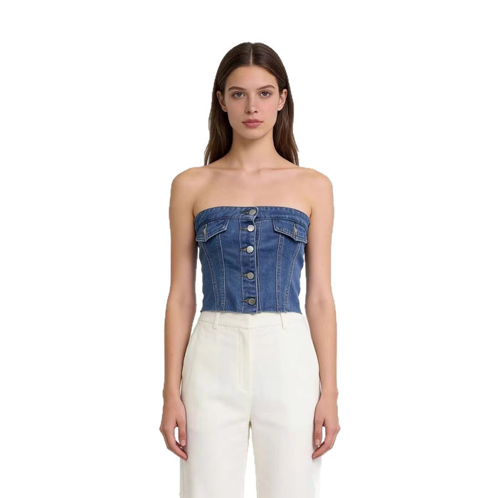 Womens Short Blue Slim-fit Denim Tube Top – Premium 0 | RICALOUX