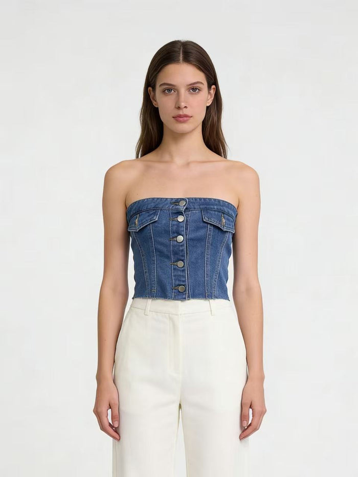 Womens Short Blue Slim-fit Denim Tube Top – Premium 0 | RICALOUX