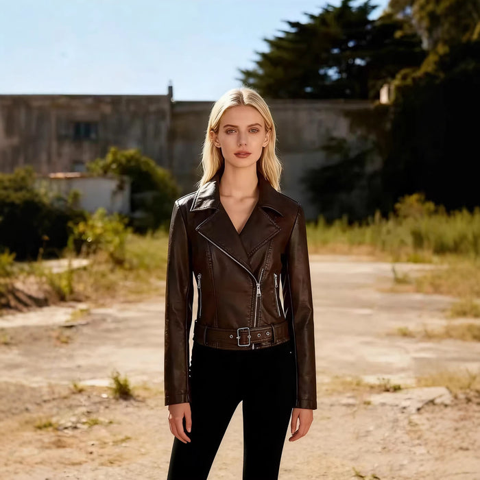 Womens Short Lapel-collar Leather Jacket In A Biker Style by Ricaloux