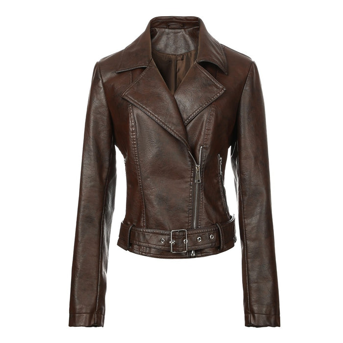 Womens Short Lapel-collar Leather Jacket In A Biker Style by Ricaloux