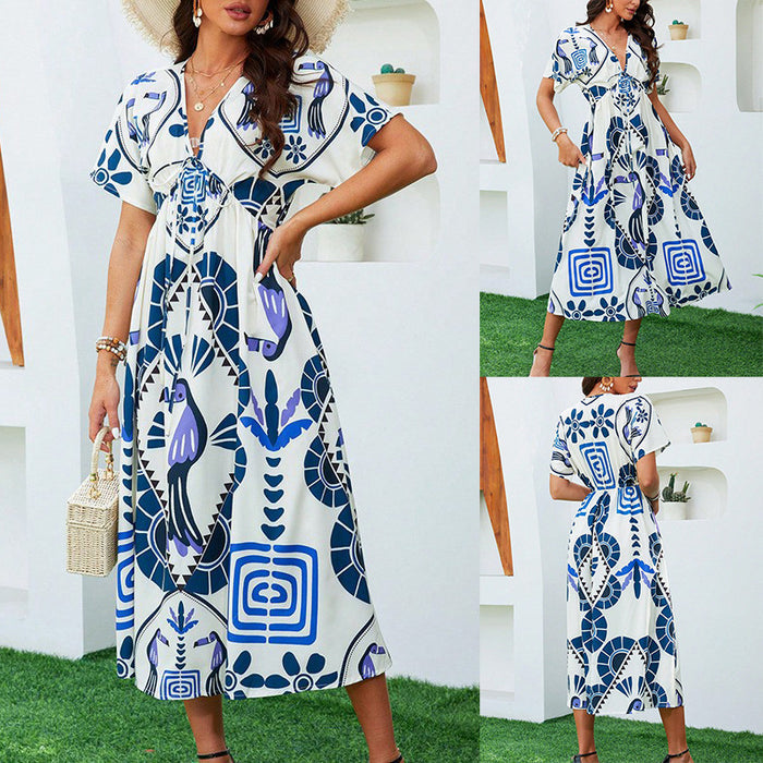 Womens Short-Sleeve Geometric-Print High-Waist Long Dress – Premium 0 | RICALOUX
