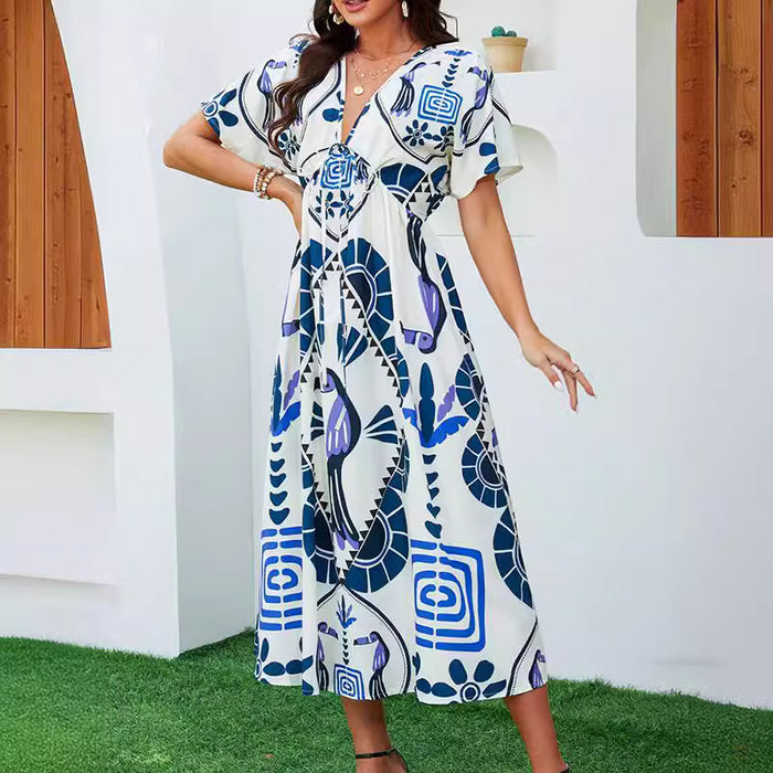 Womens Short-Sleeve Geometric-Print High-Waist Long Dress – Premium 0 | RICALOUX
