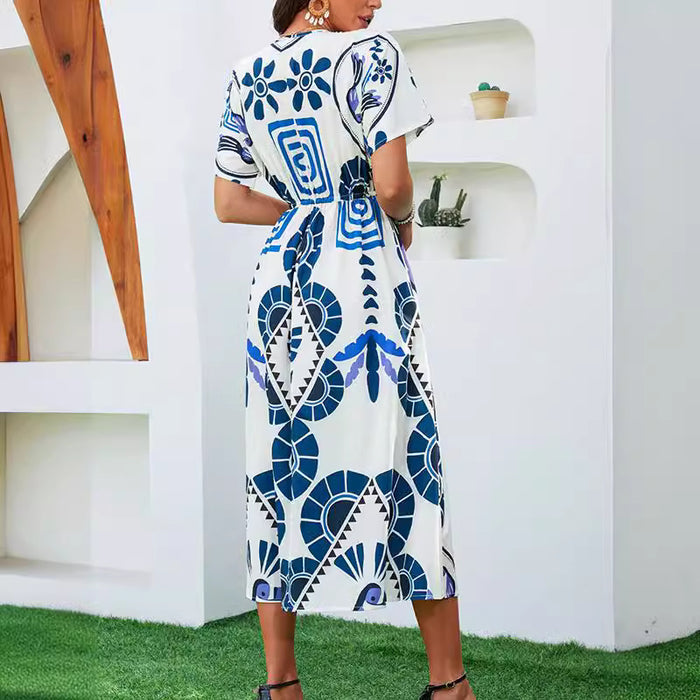Womens Short-Sleeve Geometric-Print High-Waist Long Dress – Premium 0 | RICALOUX