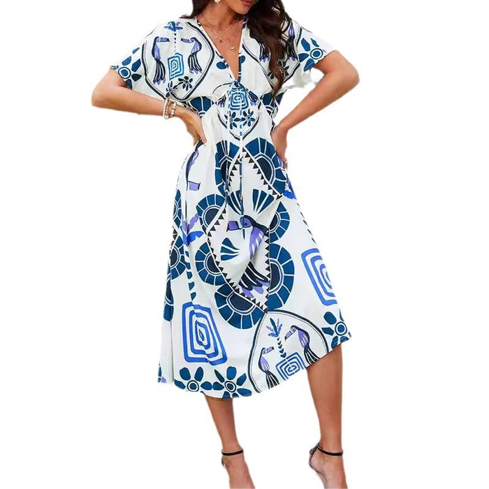 Womens Short-Sleeve Geometric-Print High-Waist Long Dress – Premium 0 | RICALOUX