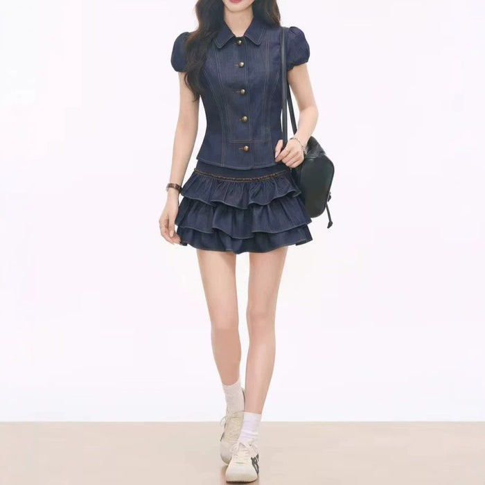 Womens Short-sleeve Shirt And Tiered Skirt Set – Premium 0 | RICALOUX