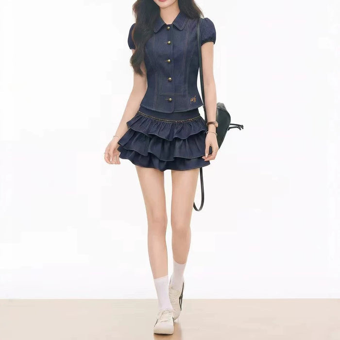 Womens Short-sleeve Shirt And Tiered Skirt Set – Premium 0 | RICALOUX