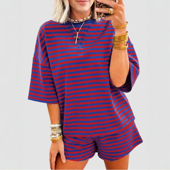 Womens Short-Sleeve Striped Print Two-Piece Set by Ricaloux
