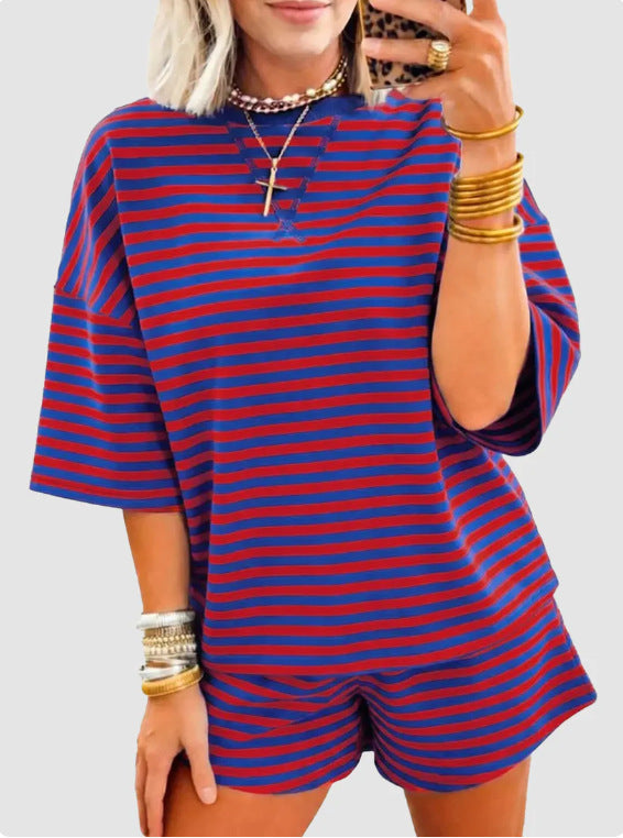 Womens Short-Sleeve Striped Print Two-Piece Set by Ricaloux