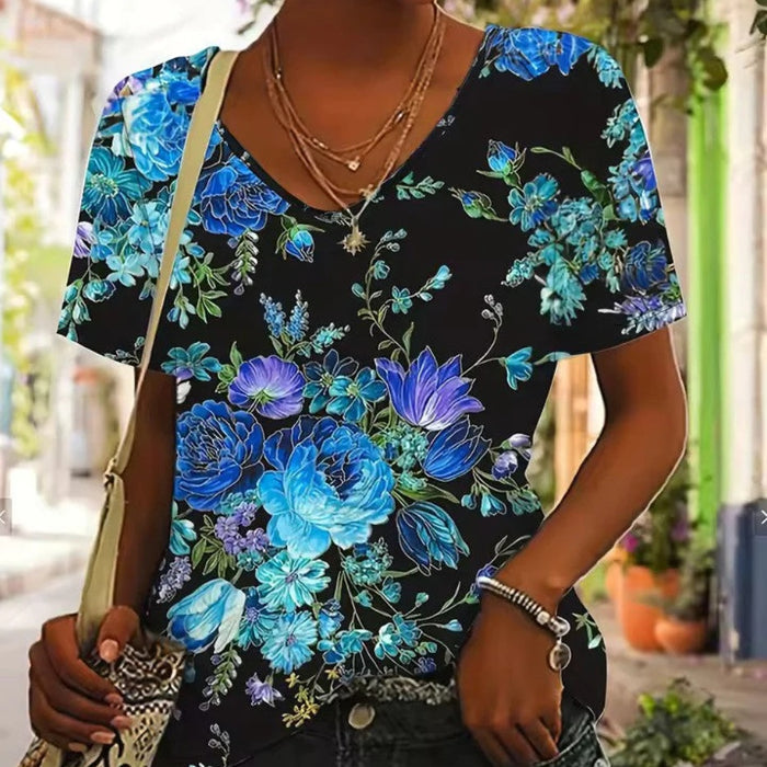 Womens Short-Sleeve V-Neck Floral Print T-Shirt by Ricaloux