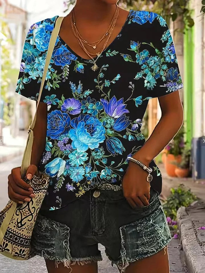 Womens Short-Sleeve V-Neck Floral Print T-Shirt by Ricaloux
