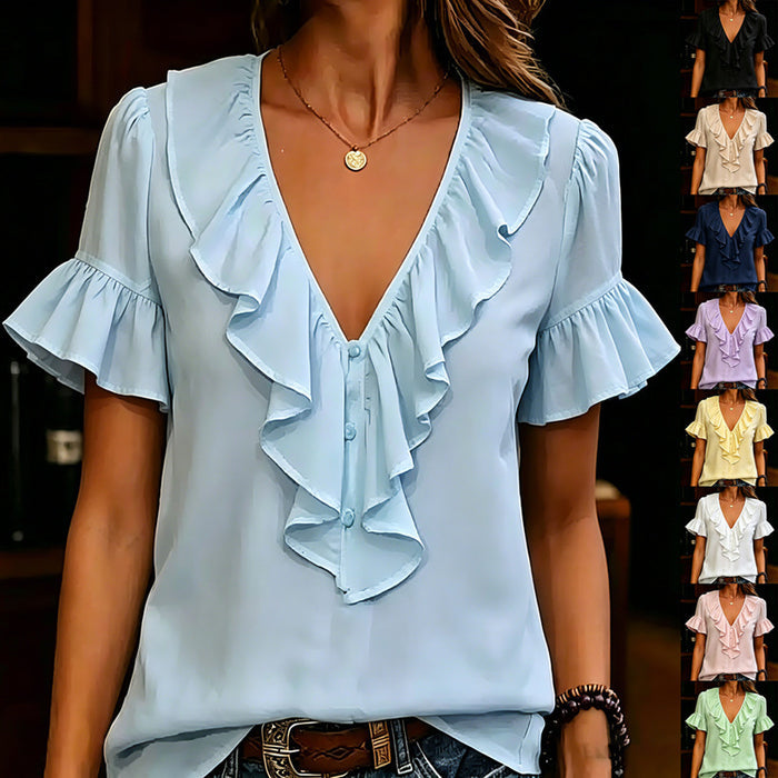 Womens Short-Sleeved T-Shirt With Ruffled Hem And V-Neck by Ricaloux