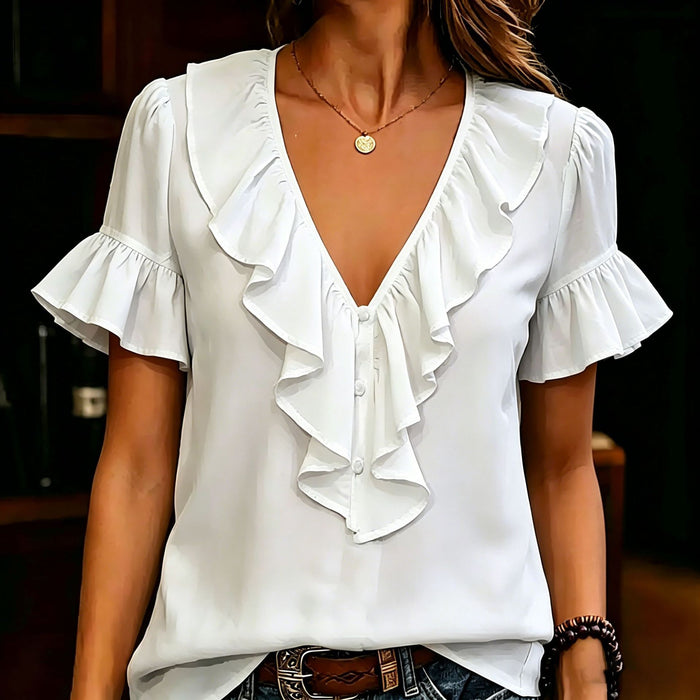 Womens Short-Sleeved T-Shirt With Ruffled Hem And V-Neck by Ricaloux