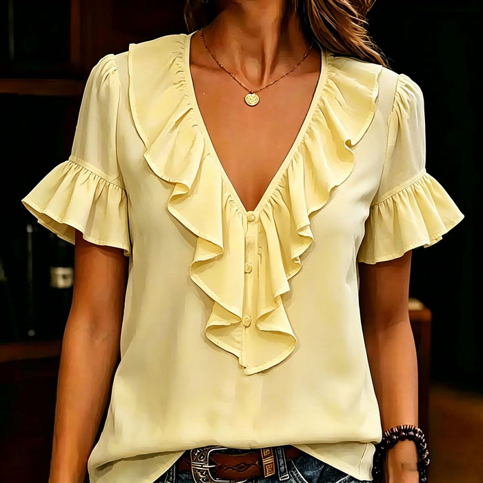 Womens Short-Sleeved T-Shirt With Ruffled Hem And V-Neck by Ricaloux