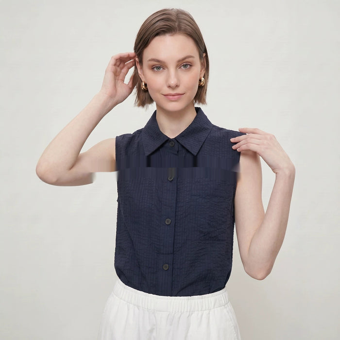 Womens Sleeveless Shirt With Lapel Collar Breathable Navy-Blue Commuter Top For Summer by Ricaloux