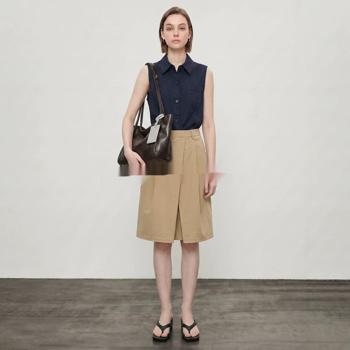 Womens Sleeveless Shirt With Lapel Collar Breathable Navy-Blue Commuter Top For Summer by Ricaloux