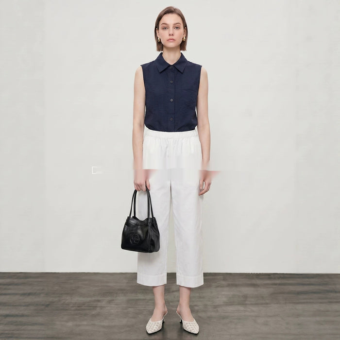 Womens Sleeveless Shirt With Lapel Collar Breathable Navy-Blue Commuter Top For Summer by Ricaloux