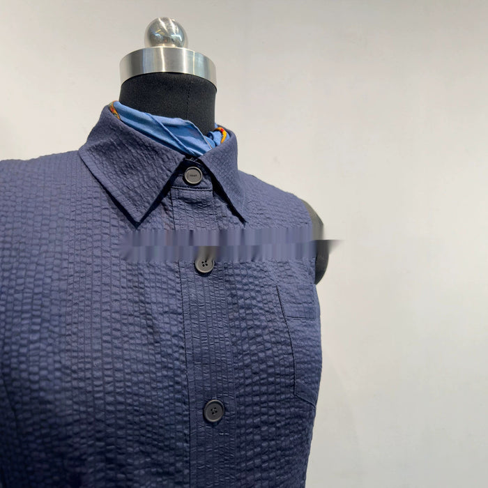 Womens Sleeveless Shirt With Lapel Collar Breathable Navy-Blue Commuter Top For Summer by Ricaloux