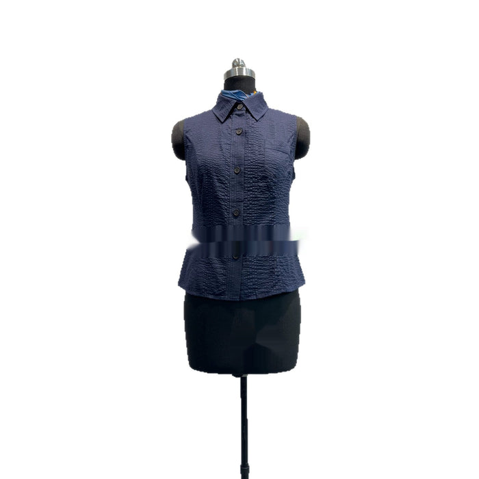 Womens Sleeveless Shirt With Lapel Collar Breathable Navy-Blue Commuter Top For Summer by Ricaloux