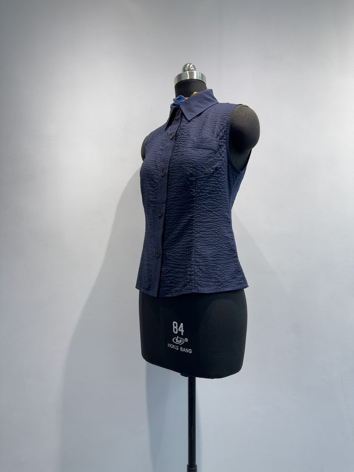 Womens Sleeveless Shirt With Lapel Collar Breathable Navy-Blue Commuter Top For Summer by Ricaloux