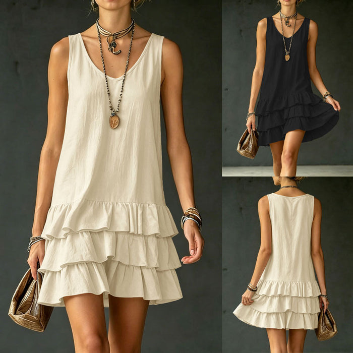 Women's Sleeveless V-Neck Layered Ruffle Mini Dress - Casual Loose Fit Summer Dress – Premium 4 | RICALOUX