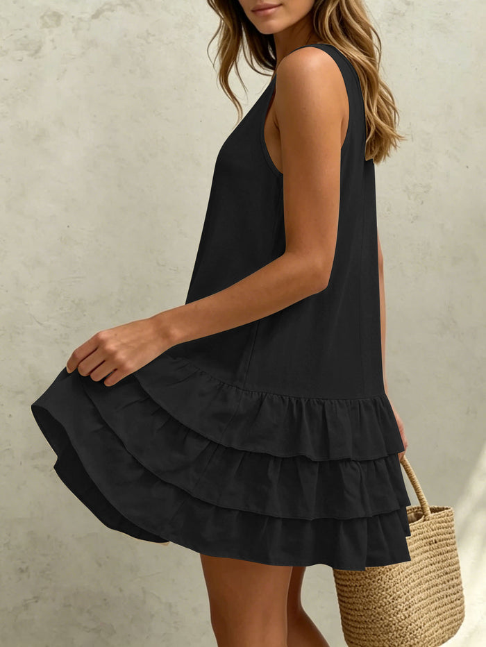 Women's Sleeveless V-Neck Layered Ruffle Mini Dress - Casual Loose Fit Summer Dress – Premium 4 | RICALOUX