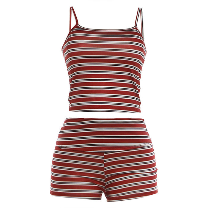 Womens Slim-fit Cropped Camisole And Striped Shorts Set by Ricaloux